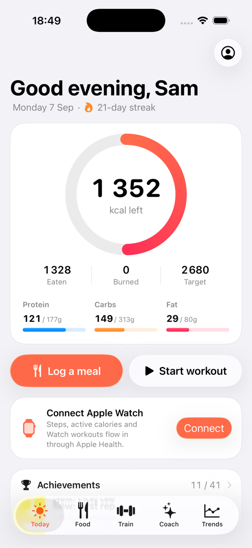 Barbelly Today screen with calorie ring and macros